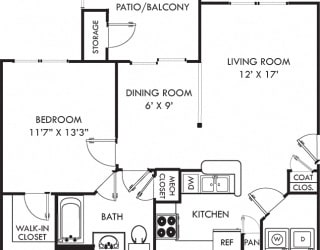 Oakview. 1 bedroom apartment. Kitchen with bartop open to living/dinning rooms. 1 full bathroom. Walk-in closet. Patio/balcony.