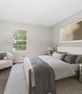 Model Bedroom with Carpet and Window View at Walden Lake Apartments in Plant City, FL-SMLAM.