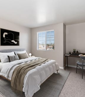 Model Bedroom with Carpet and Window View at Array at South Mountain Apartments in Ahwatukee, AZ-SMLAM.