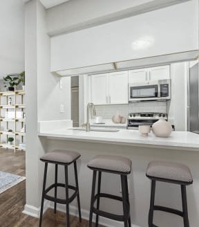 Model kitchen with bar at Grand Pavilion Apartments in Tampa, Florida