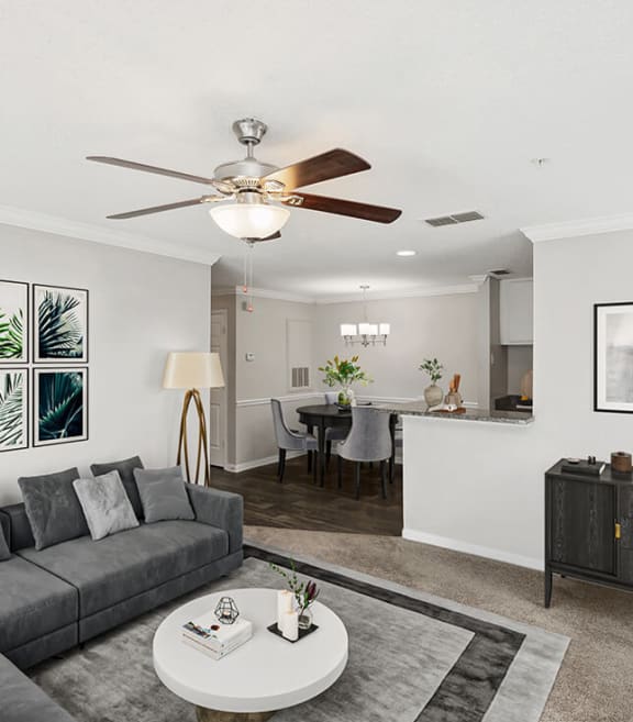 Model Living Room with Carpet at Shadow Ridge Apartments in Riverdale, GA-SMLAM.