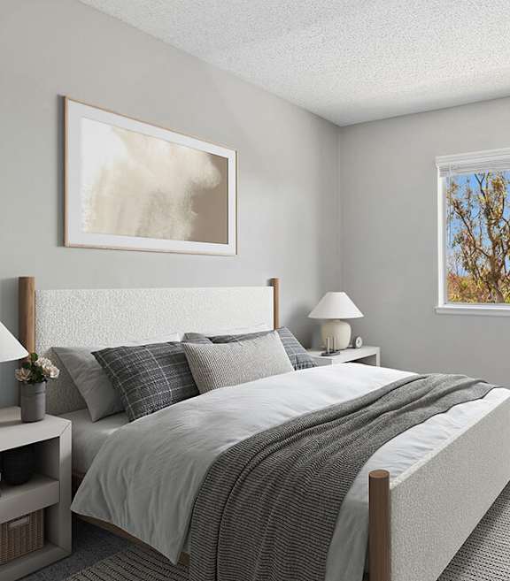 Model Bedroom with Carpet and Window View at Fullerton Hills Apartments located in Fullerton, CA-SMLAM.