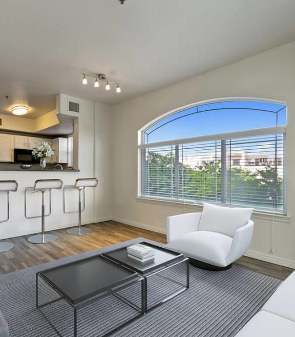 Model Living Room with Wood-Style Flooring and Window View at Altitude on Fifth Apartments in Salt Lake City, UT-SMLAM.
