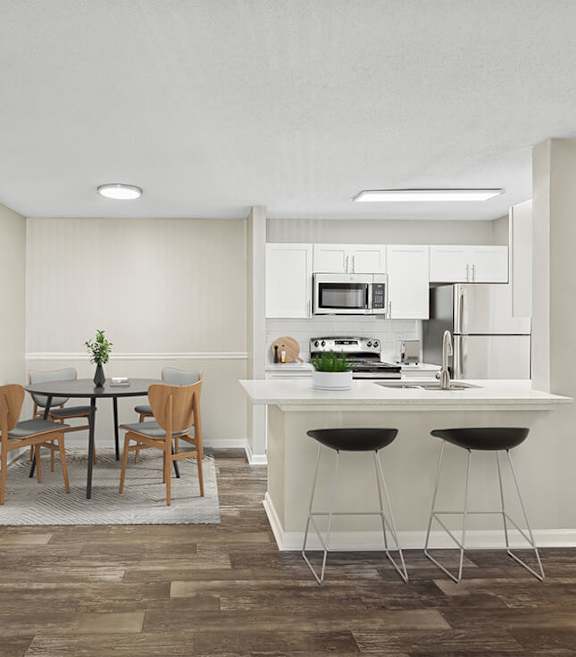 Model Dining Room and Kitchen Area with Wood-Style Flooring at Element 41 Apartments located in Marietta, GA-SMLAM.