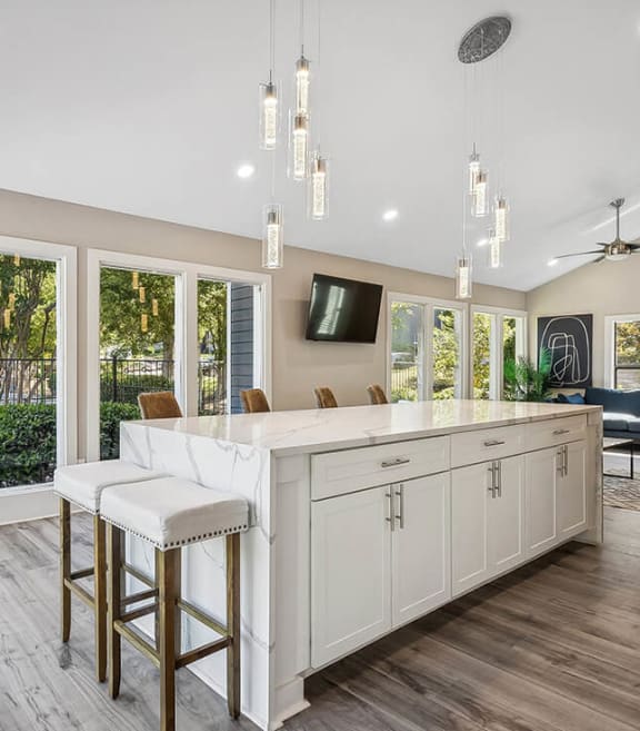 Community Clubhouse with Kitchenette and Lounge Furniture at Lakeside Retreat Apartments located in Peachtree Corners, GA-SMLAM.