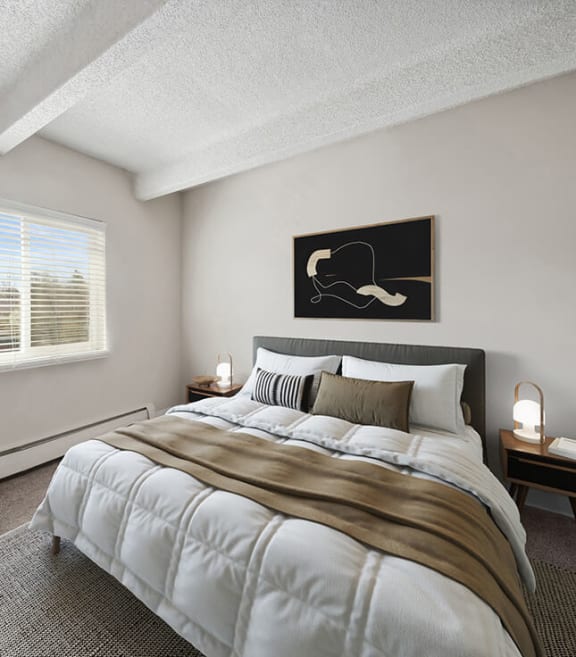 Model Bedroom with Carpet and Window View at Esprit at Cherry Creek Apartments in Glendale, CO-SMLAM.