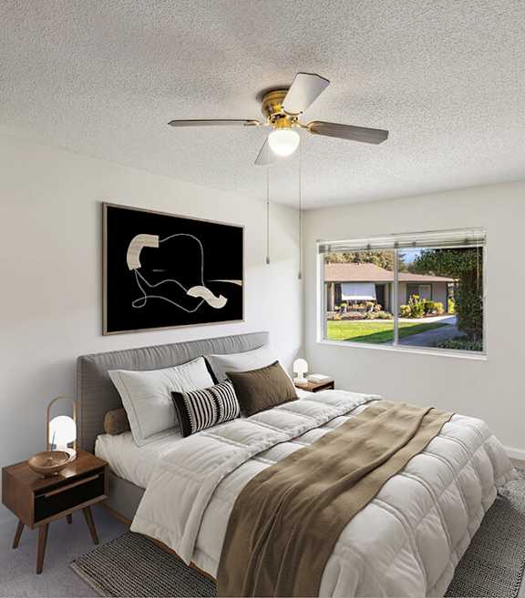 Model Bedroom with Carpet and Window View at The Grove at Walnut Creek Apartments located in Walnut Creek, CA-SMLAM.