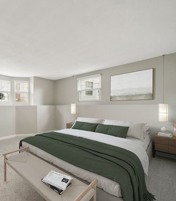 Model Bedroom with Carpet and Window Views at Meadows at Marlborough Apartments located in Marlborough, MA-SMLAM.