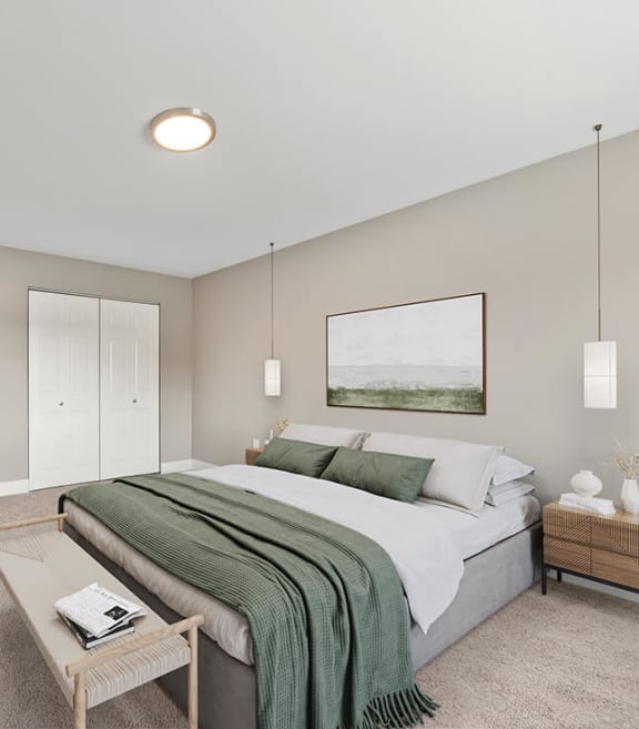 Model Bedroom with Carpet and Closet at Heights at Marlborough Apartments located in Marlborough, MA-SMLAM.