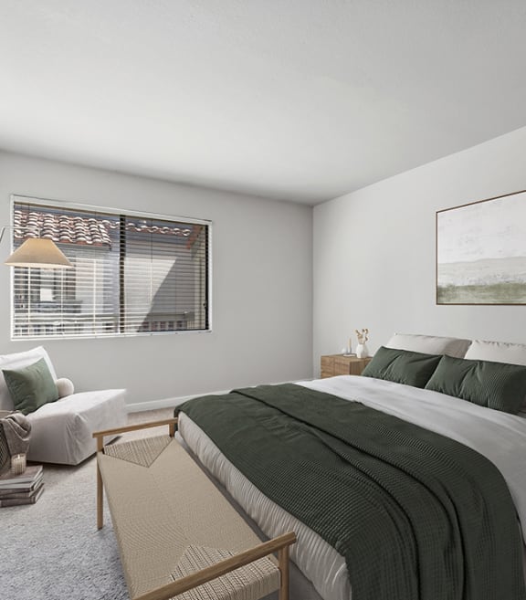 Model Bedroom with Carpet and Window View at Creek at 2645 Apartments located in Sacramento, CA-SMLAM.