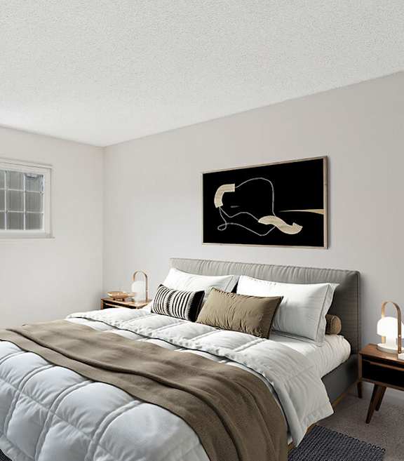 Model Bedroom with Carpet and Window View at Los Gatos Landing Apartments located in San Jose, CA-SMLAM.