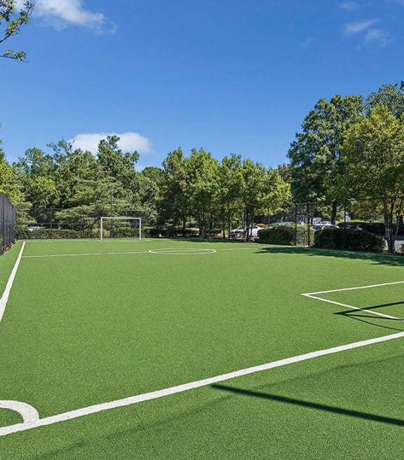 Community Soccer Field with Nets at Lakeside Retreat Apartments located in Peachtree Corners, GA-SMLAM.