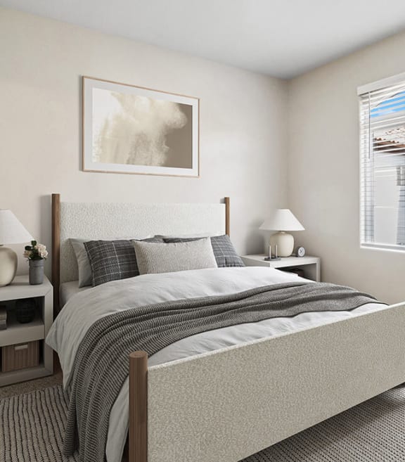 Model Bedroom with Carpet and Window View at Reserve at Rancho Apartments located in Moreno Valley, CA-SMLAM.