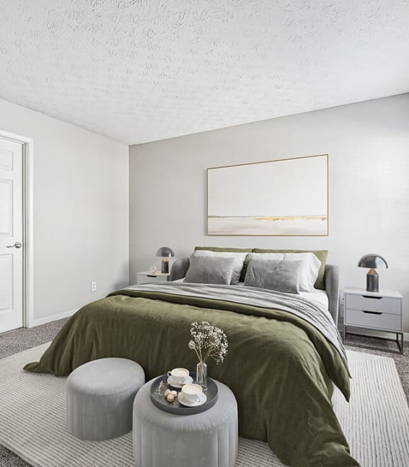 Model Bedroom with Carpet and Window View at Paramont Apartments in Duluth, GA-SMLAM.