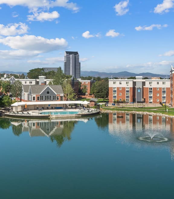 Aerial View of Community Pond at Esprit Cherry Creek Apartments in Glendale, CO-SMLAM.