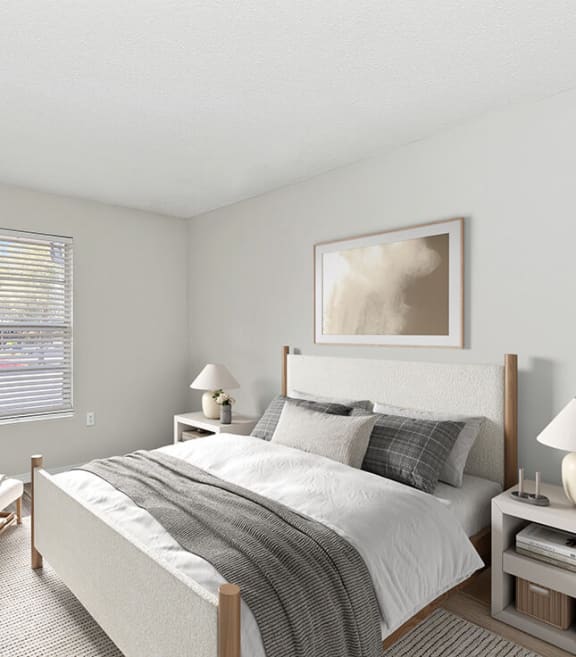 Model Bedroom with Carpet and Window View  at Seven Lakes at Carrollwood Apartments in Tampa, FL.