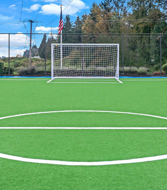 Community Soccer Field with Nets at Grammercy Apartments located in Renton, WA-SMLAM.