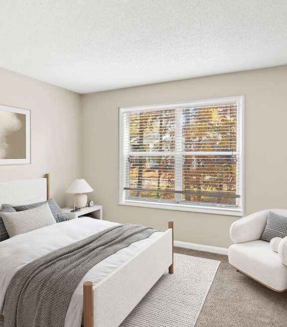 Model Bedroom with Carpet and Window View at Element 41 Apartments located in Marietta, GA-SMLAM.