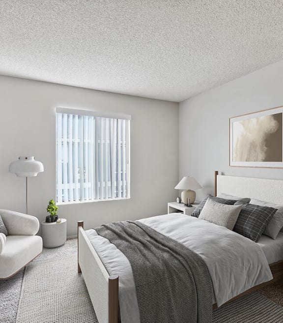 Model Bedroom with Carpet and Window View at Bridges on Sunset Apartments in Suisun City, CA-SMLAM.
