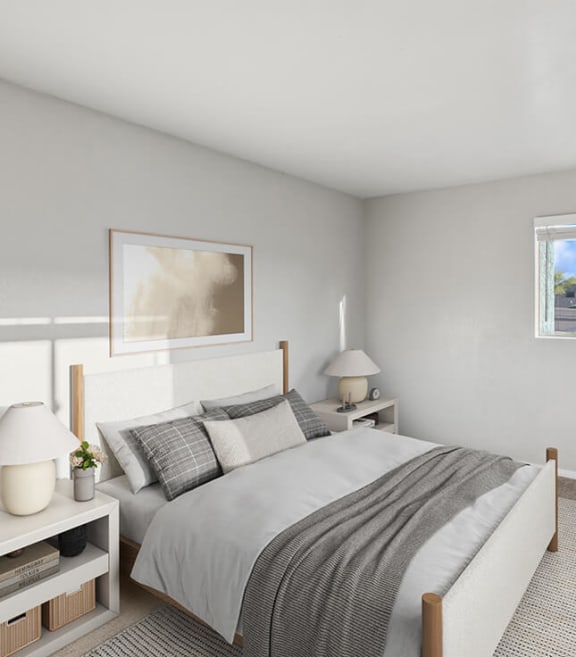 Model Bedroom with Carpet and Window View at Tanque Verde Apartments located in Tucson, AZ-SMLAM.