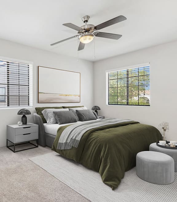 Model Bedroom with Carpet and Window View at Lore at South Mountain Apartments located in Ahwatukee, AZ-SMLAM.