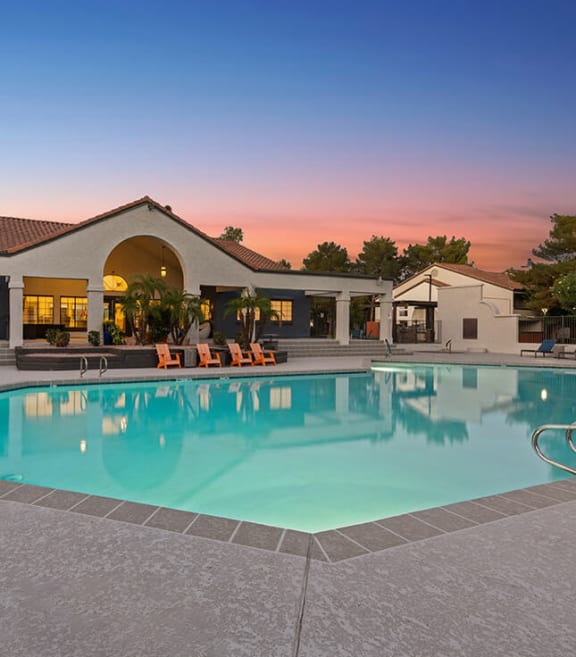 Community Swimming Pool with Pool Furniture at Lore at South Mountain Apartments located in Ahwatukee, AZ-SMLAM.