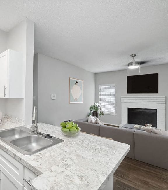 a kitchen with a sink and a living room at Heatherstone, Texas, 75287