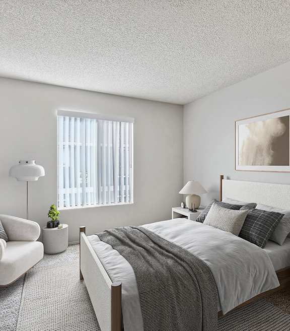 Model Bedroom with Carpet and Window View at Bridges on Sunset Apartments in Suisun City, CA
