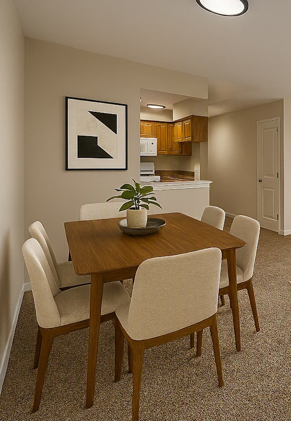 A dining room with a table set for six people.