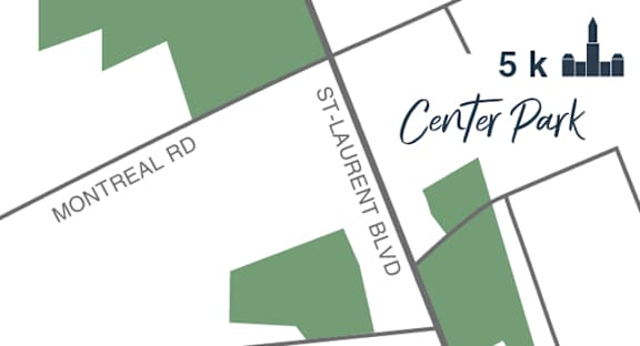 A map shows the location of Center Park at the intersection of Montreal Road and St Laurent Boulevard.