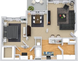 Dogwood 3D. 1 bedroom apartment. Kitchen with bartop open to living/dinning rooms. 1 full bathroom. Walk-in closet. Patio/balcony.