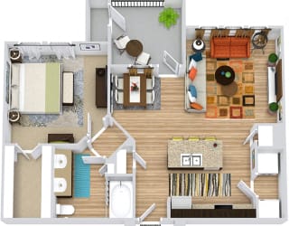 Lampasas 3D. 1 bedroom apartment. Kitchen with island open to living/dinning rooms. 1 full bathroom with double vanity. Walk-in closet. Patio/balcony.