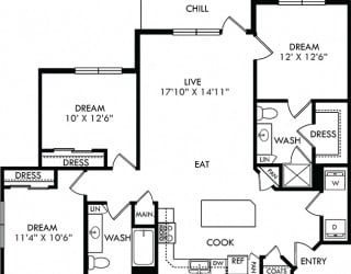 The Pecan Lodge. 3 bedroom apartment. Kitchen with island open to living/dinning rooms. 2 full bathrooms. Walk-in closet in master. Patio/balcony.