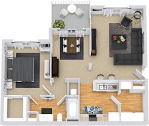 Dogwood 3D. 1 bedroom apartment. Kitchen with bartop open to living/dinning rooms. 1 full bathroom. Walk-in closet. Patio/balcony.
