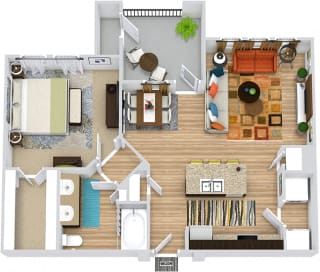 Lampasas 3D. 1 bedroom apartment. Kitchen with island open to living/dinning rooms. 1 full bathroom with double vanity. Walk-in closet. Patio/balcony.