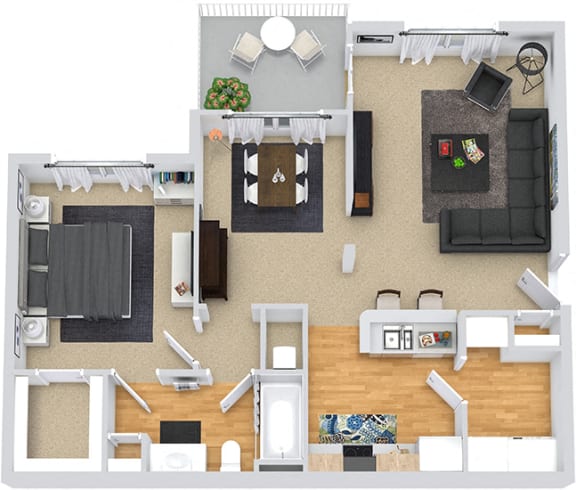 Dogwood 3D. 1 bedroom apartment. Kitchen with bartop open to living/dinning rooms. 1 full bathroom. Walk-in closet. Patio/balcony.