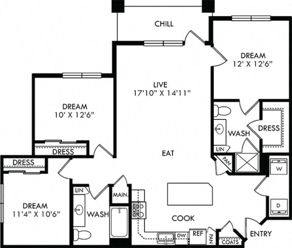 The Pecan Lodge. 3 bedroom apartment. Kitchen with island open to living/dinning rooms. 2 full bathrooms. Walk-in closet in master. Patio/balcony.