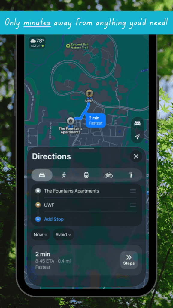 A smartphone displays a map with directions to The Fountains Apartments.