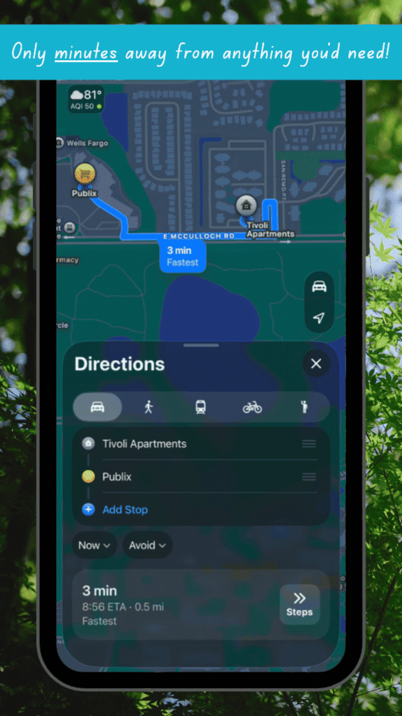 A smartphone displaying a navigation app with a route to Tivoli Apartments.