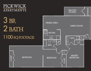 3 BR, 2 Bath Floor Plan at Pickwick Farms Apartments, Indianapolis, Indiana