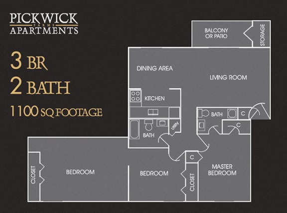 3 BR, 2 Bath Floor Plan at Pickwick Farms Apartments, Indianapolis, Indiana