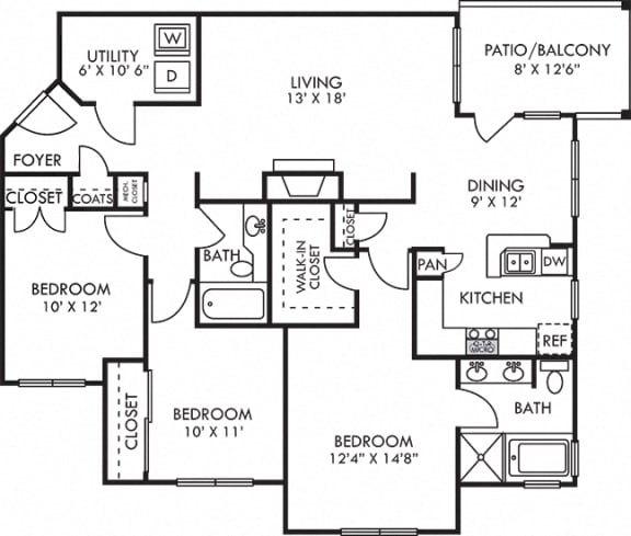 Trilogy. 3 bedroom apartment. Kitchen with bartop open to living/dinning rooms. 2 full bathroom, shower stall & double vanity in master. Walk-in closet in master. Patio/balcony. Optional fireplace.