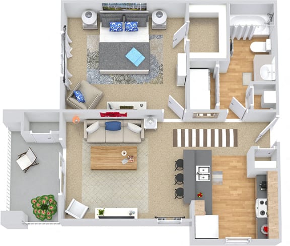 Sunsprite 3D. 1 bedroom apartment. Kitchen with bartop open to living room. 1 full bathroom. Walk-in closet. Patio/balcony.