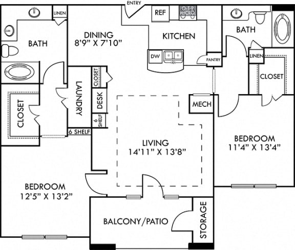The Vancouver. 2 bedroom apartment. Kitchen with bartop open to living/dining rooms. 2 full bathrooms, double vanity in master. Walk-in closets. Patio/balcony.
