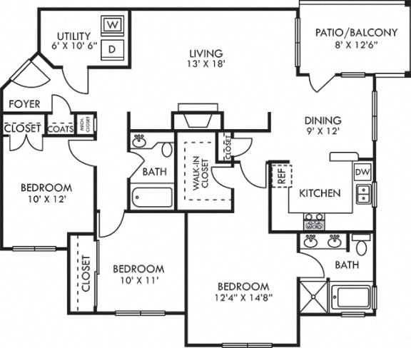 Trinity. 3 bedroom apartment. Kitchen with bartop open to living/dinning rooms. 2 full bathroom, shower stall & double vanity in master. Walk-in closet in master. Patio/balcony. Optional fireplace.