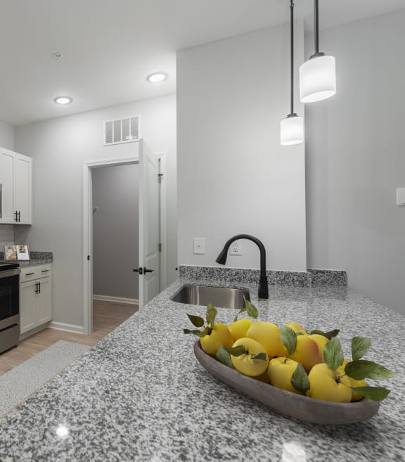 a kitchen with stainless steel appliances and a bowl of fruit