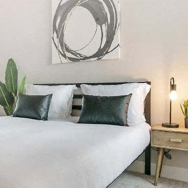 a bedroom with a white bed and a potted plant
