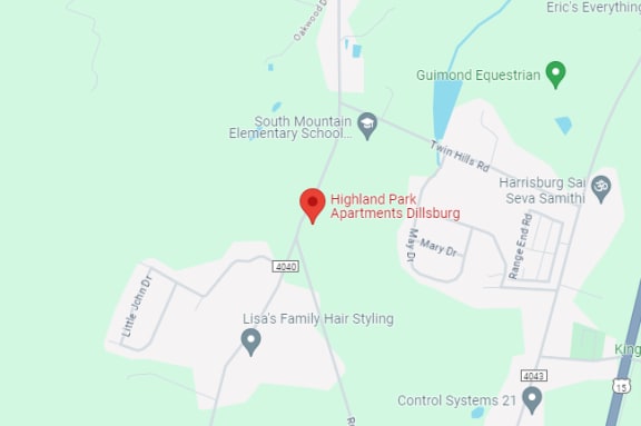 a map of the highland park apartments district with a red dot on the map
