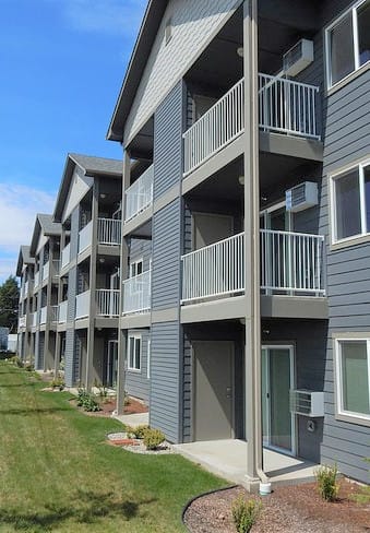 a view of the balconies of an apartment building