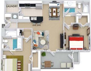 The Montreal 3D. 2 bedroom apartment. Kitchen with bartop open to living/dining rooms. 2 full bathrooms, double vanity in master. Walk-in closet. Patio/balcony.